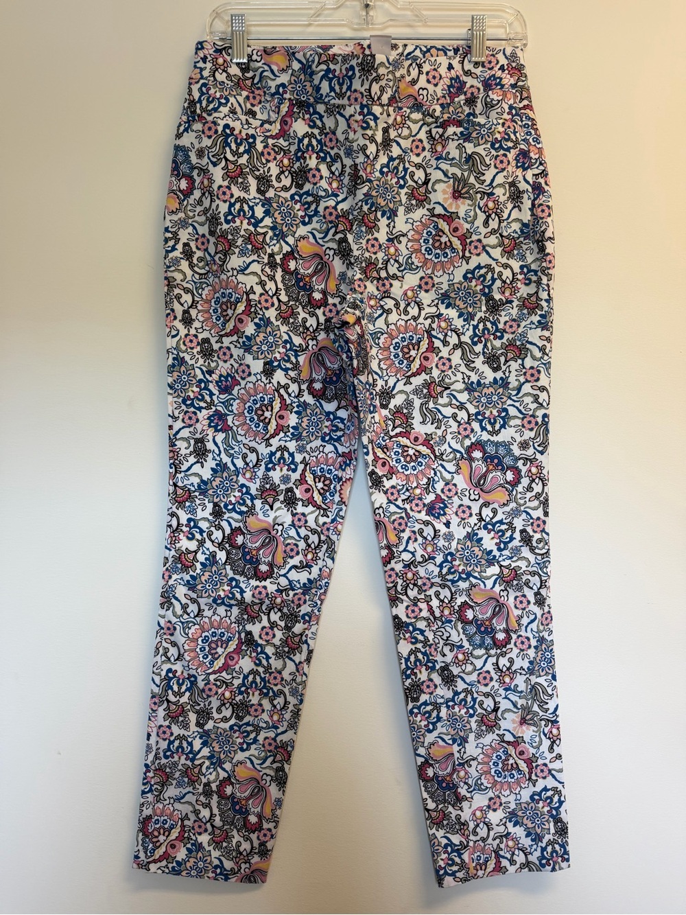 Chico's Floral Paisley Slim Straight Pants Blue and Pink Accents Size 0.5R=6R